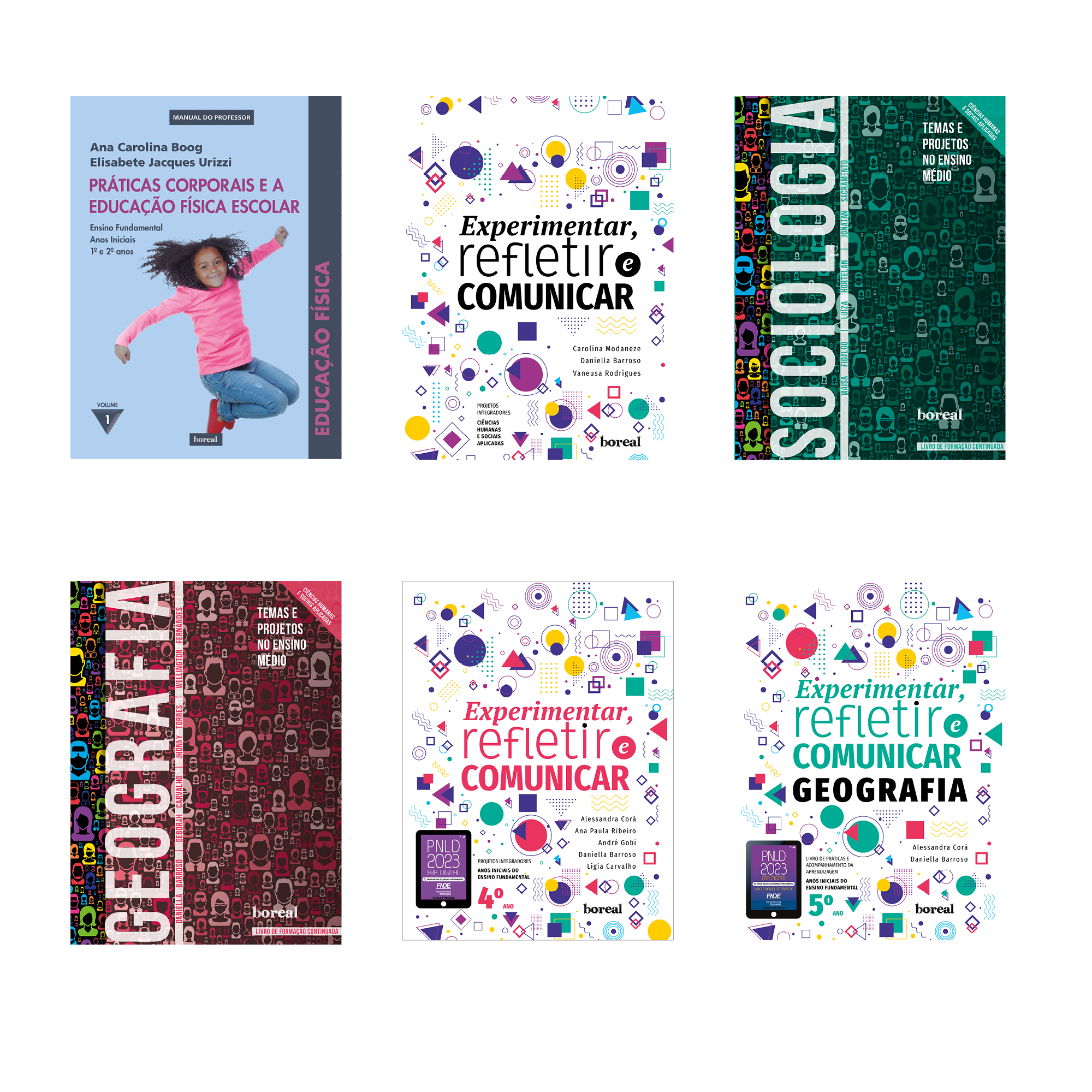 6 capas de livros com legenda indicando o programa em que foram aprovados: PNLD 2019 (1 livro), PNLD 2021 (3 livros) e PNLD 2023 (2 livros)